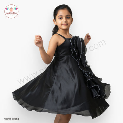 Girls Black Organza Party Wear Frock with Statement Ruffle Floral Design
