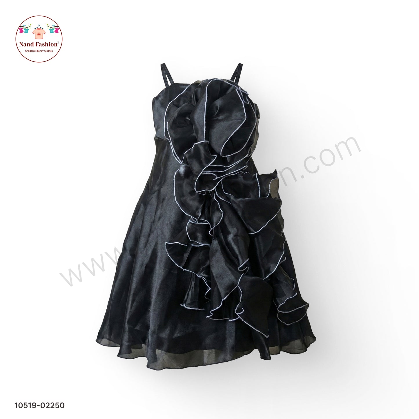 Girls Black Organza Party Wear Frock with Statement Ruffle Floral Design