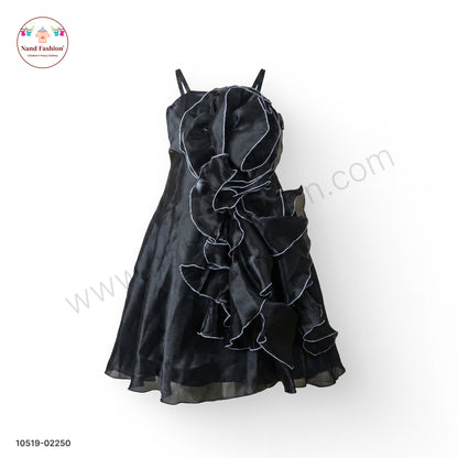 Girls Black Organza Party Wear Frock with Statement Ruffle Floral Design