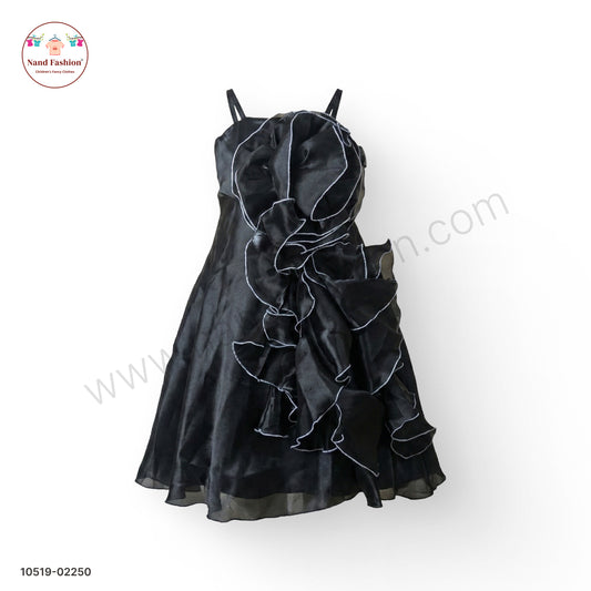 Girls Black Organza Party Wear Frock with Statement Ruffle Floral Design
