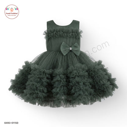 Girls Dark Green Layered Net Party Wear Frock with Bow Detail – Premium Occasion Dress