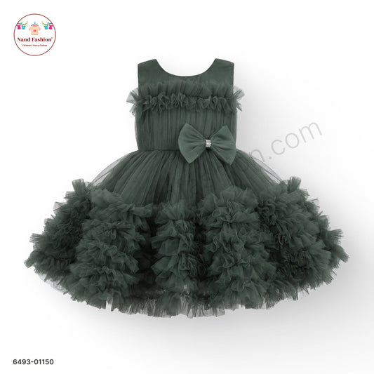 Girls Dark Green Layered Net Party Wear Frock with Bow Detail – Premium Occasion Dress