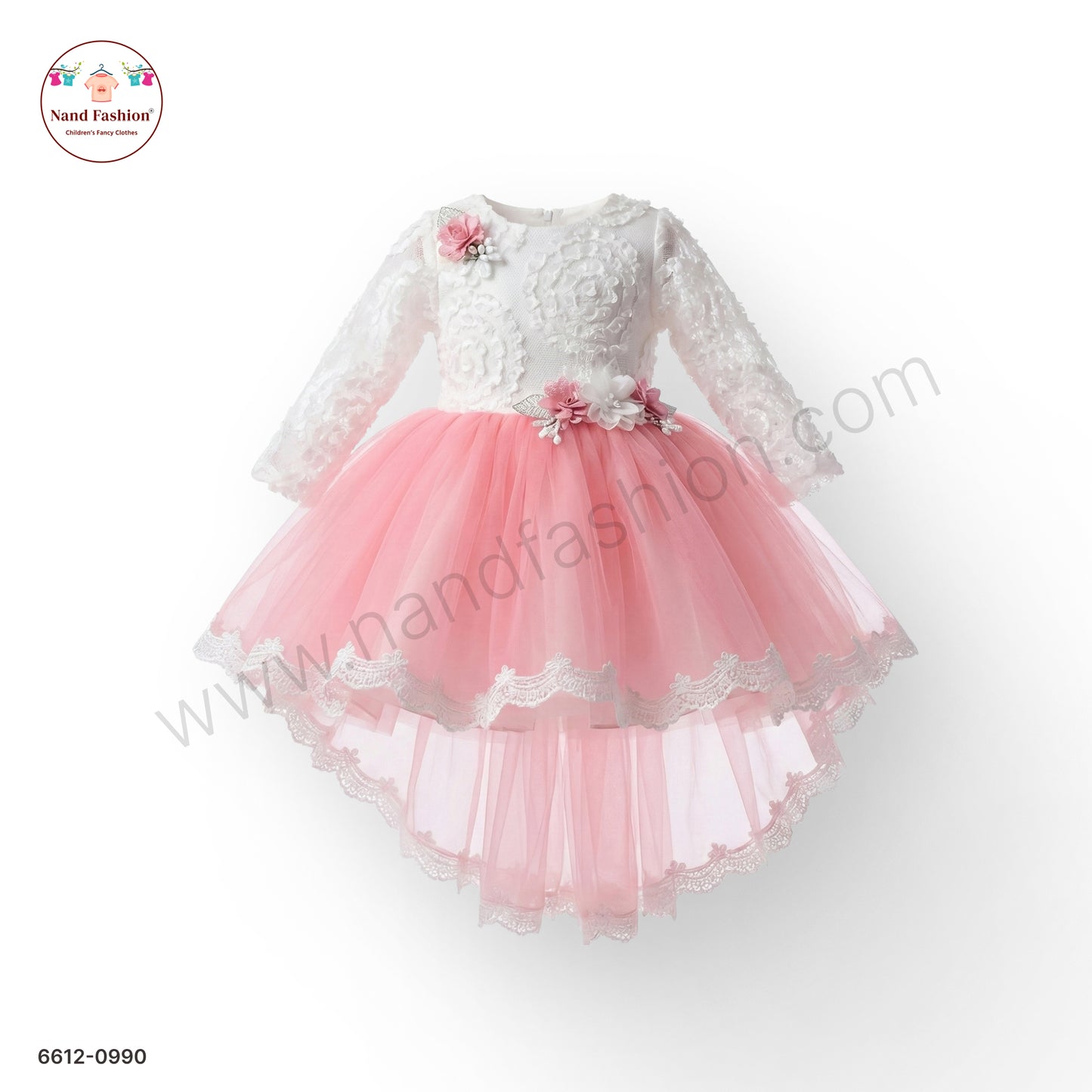 Girls White & Pink Net Party Wear Frock with Floral Appliqué – Elegant Princess Dress