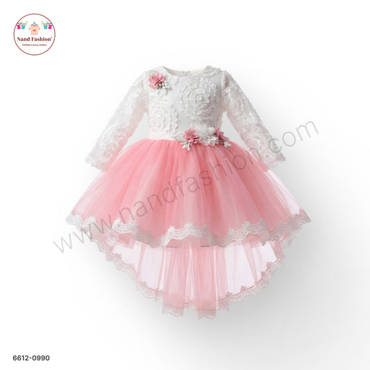 Girls White & Pink Net Party Wear Frock with Floral Appliqué – Elegant Princess Dress