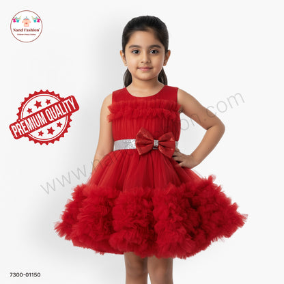 Girls Red Net Party Wear Frock with Heavy Ruffle Skirt & Sequin Belt – Princess Style Dress