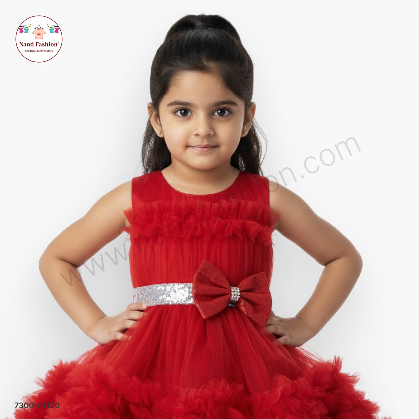 Girls Red Net Party Wear Frock with Heavy Ruffle Skirt & Sequin Belt – Princess Style Dress