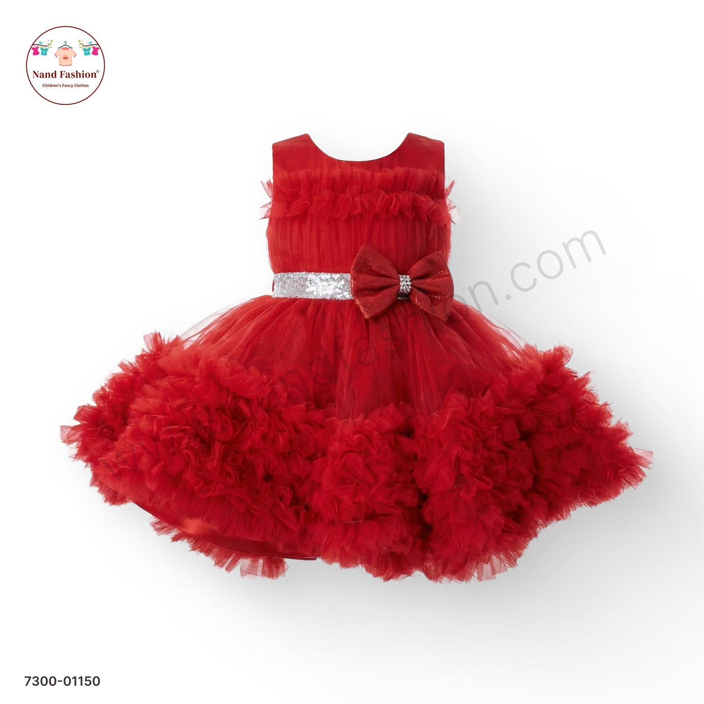 Girls Red Net Party Wear Frock with Heavy Ruffle Skirt & Sequin Belt – Princess Style Dress