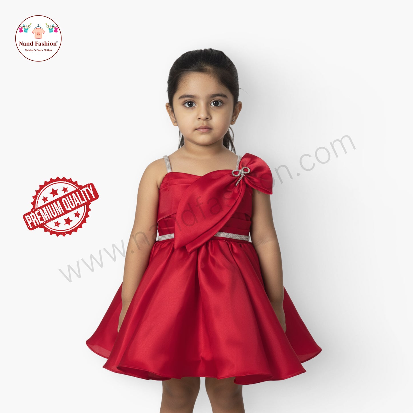 Girls Red Party Wear Frock | Elegant Bow Design Birthday Dress