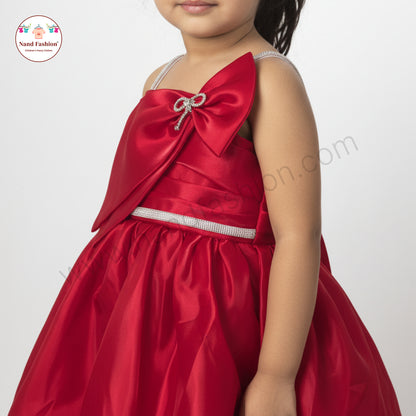 Girls Red Party Wear Frock | Elegant Bow Design Birthday Dress