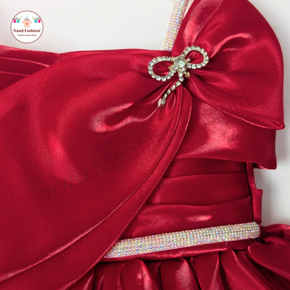 Girls Red Party Wear Frock | Elegant Bow Design Birthday Dress