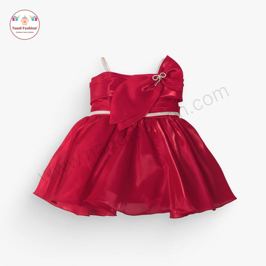 Girls Red Party Wear Frock | Elegant Bow Design Birthday Dress