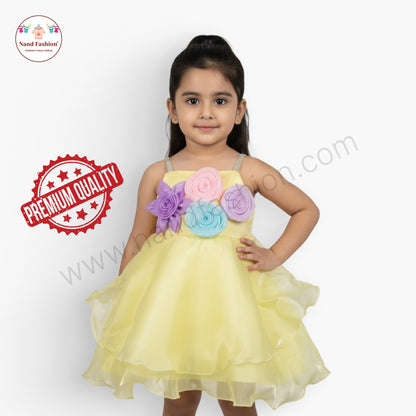 Girls Yellow Party Wear Frock | Colorful 3D Flower Design Birthday Dress