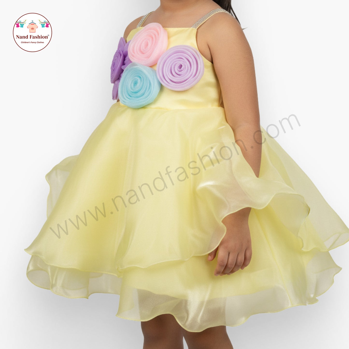 Girls Yellow Party Wear Frock | Colorful 3D Flower Design Birthday Dress