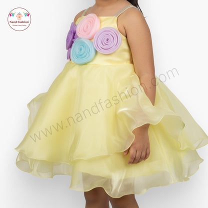 Girls Yellow Party Wear Frock | Colorful 3D Flower Design Birthday Dress