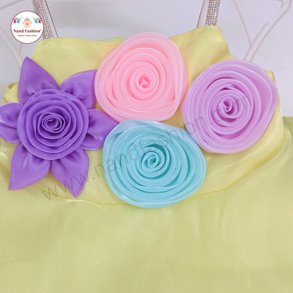 Girls Yellow Party Wear Frock | Colorful 3D Flower Design Birthday Dress