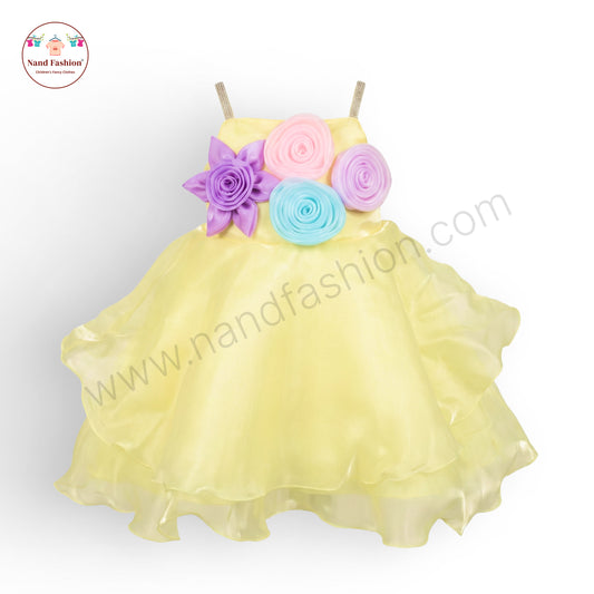 Girls Yellow Party Wear Frock | Colorful 3D Flower Design Birthday Dress