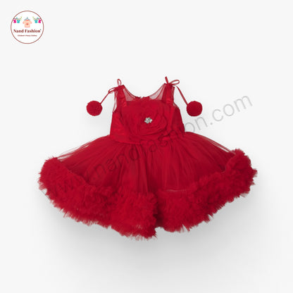 Girls Red Party Wear Frock | Pom-Pom Strap & Flower Design Net Dress