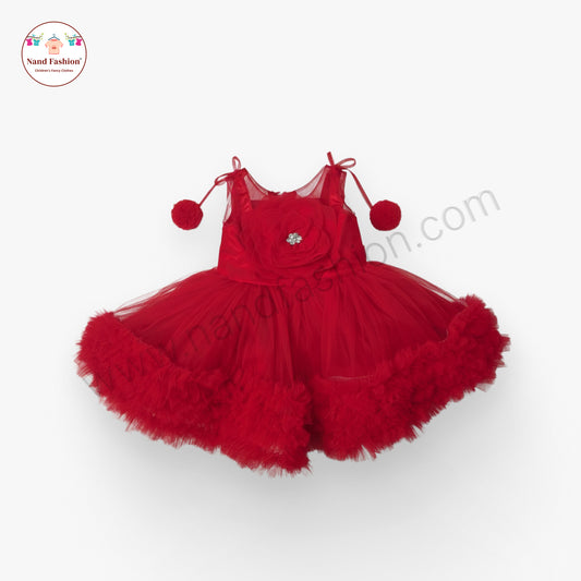 Girls Red Party Wear Frock | Pom-Pom Strap & Flower Design Net Dress