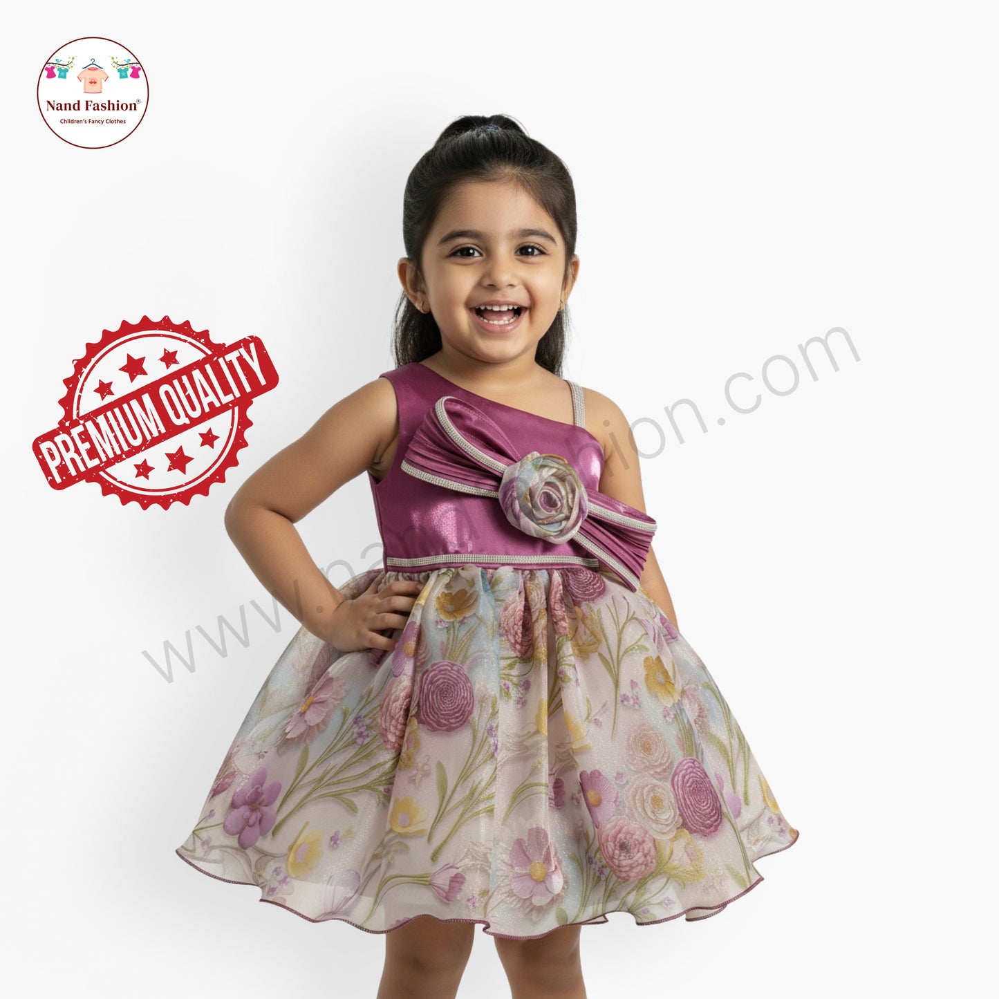 Girls Purple One-Shoulder Party Wear Frock | Floral Print Gown with Bow & Rose Design