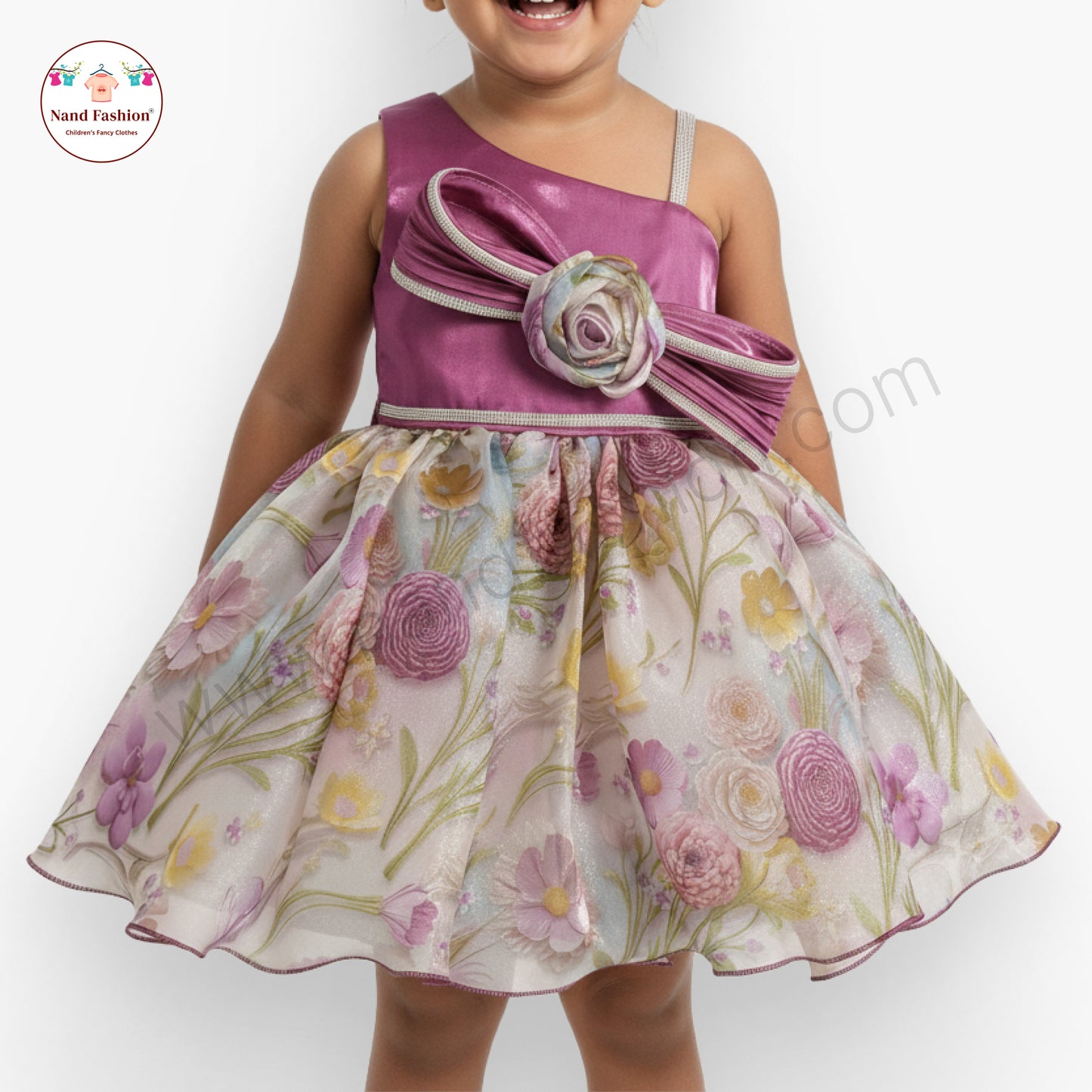 Girls Purple One-Shoulder Party Wear Frock | Floral Print Gown with Bow & Rose Design