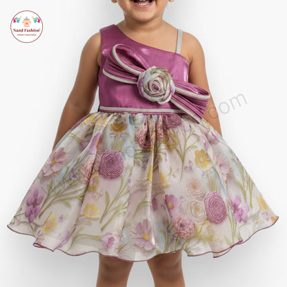 Girls Purple One-Shoulder Party Wear Frock | Floral Print Gown with Bow & Rose Design