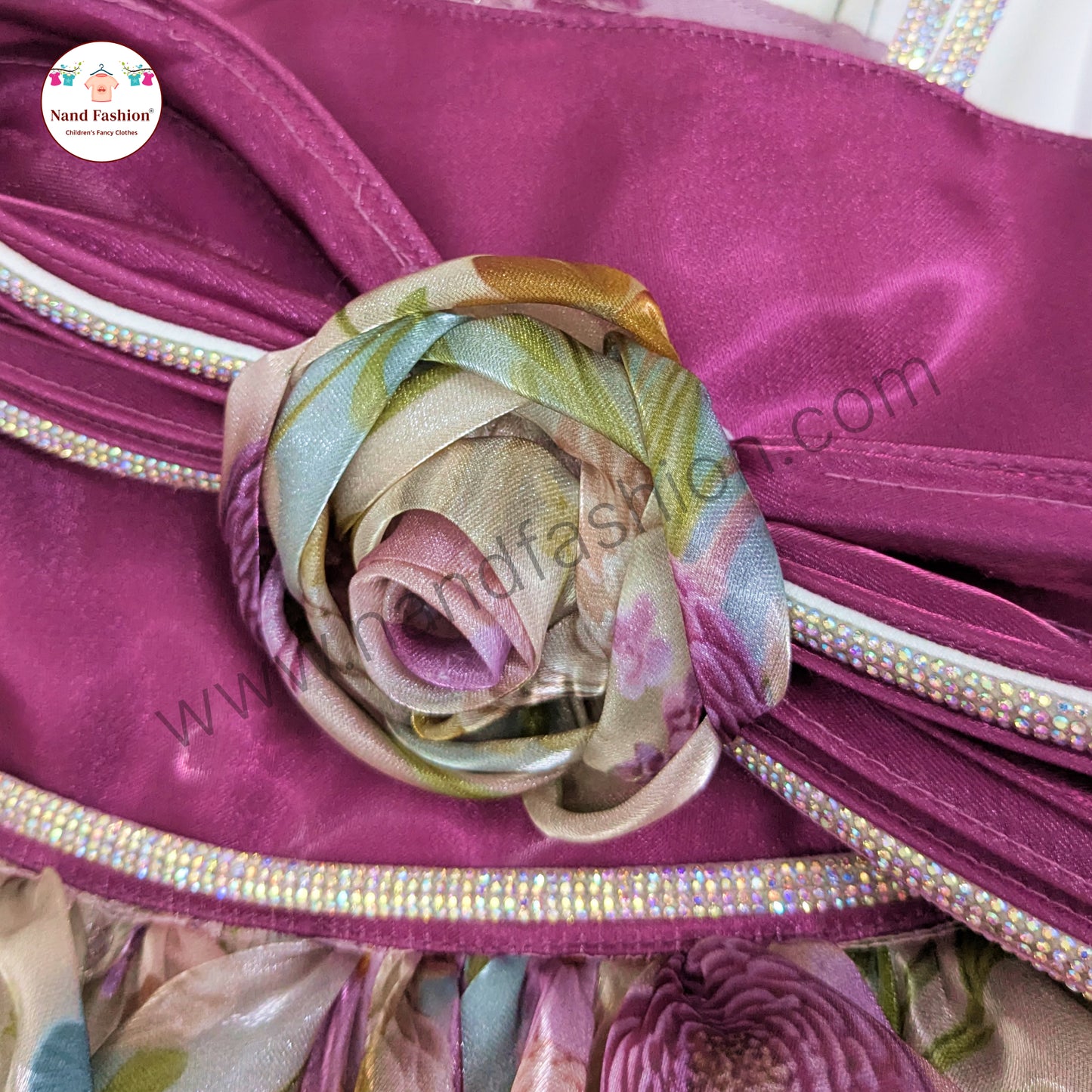 Girls Purple One-Shoulder Party Wear Frock | Floral Print Gown with Bow & Rose Design