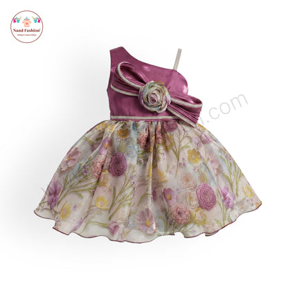 Girls Purple One-Shoulder Party Wear Frock | Floral Print Gown with Bow & Rose Design