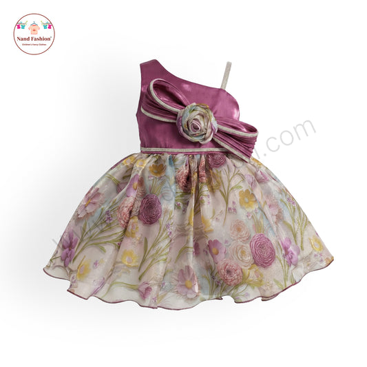 Girls Purple One-Shoulder Party Wear Frock | Floral Print Gown with Bow & Rose Design