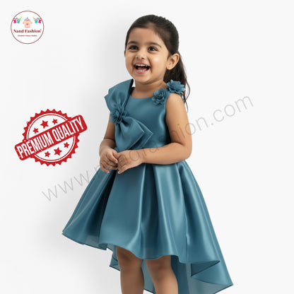 Premium Teal High-Low Party Wear Frock with Big Bow & Floral Detailing for Girls
