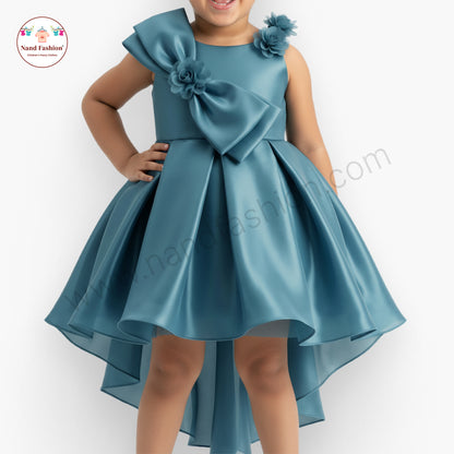 Premium Teal High-Low Party Wear Frock with Big Bow & Floral Detailing for Girls