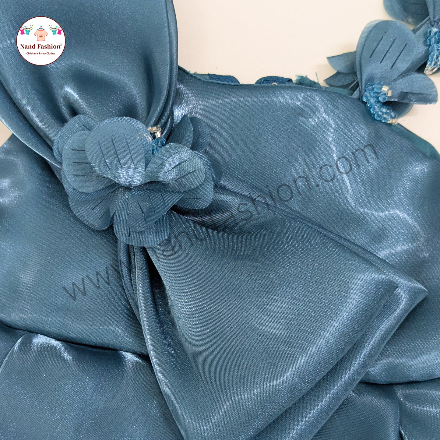 Premium Teal High-Low Party Wear Frock with Big Bow & Floral Detailing for Girls