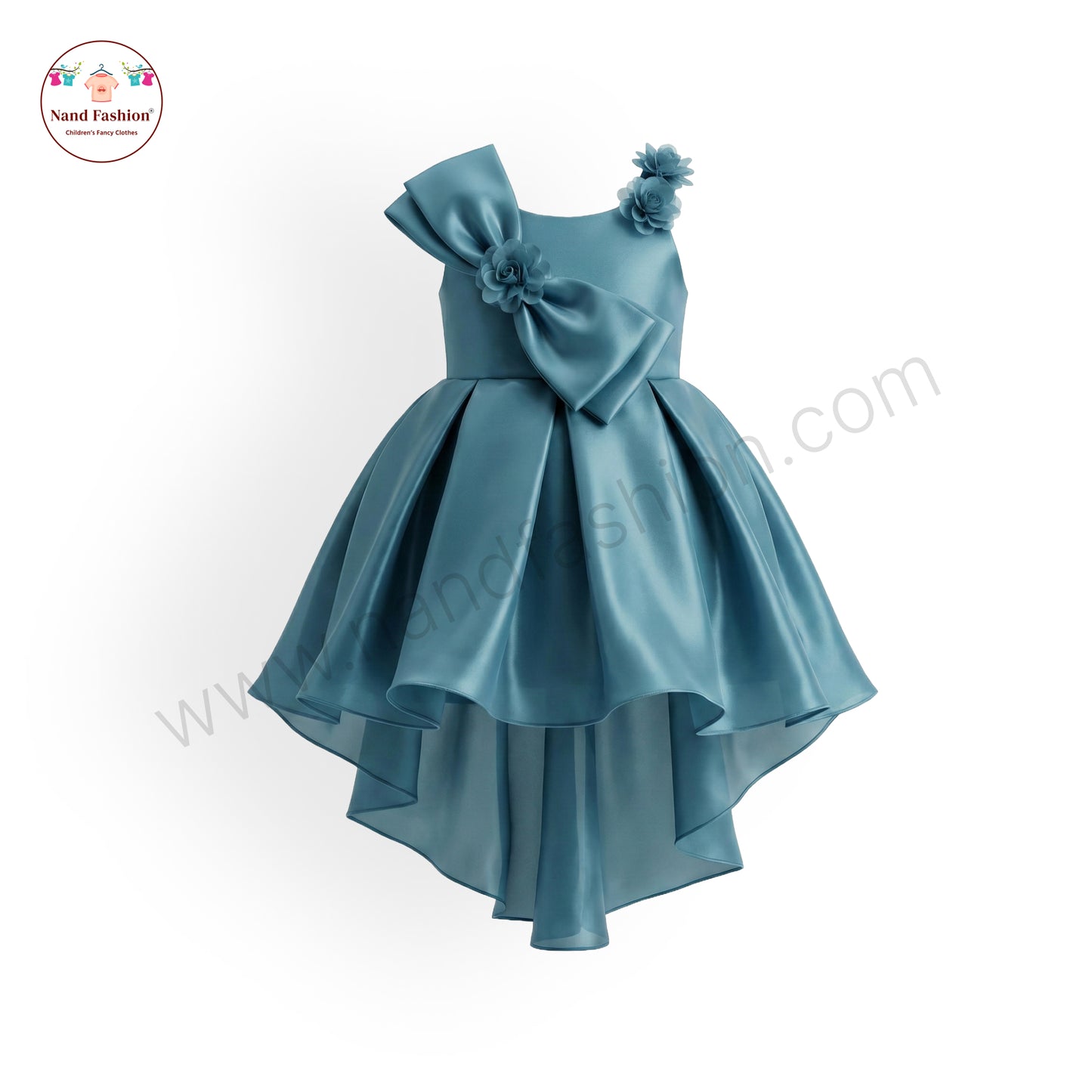 Premium Teal High-Low Party Wear Frock with Big Bow & Floral Detailing for Girls