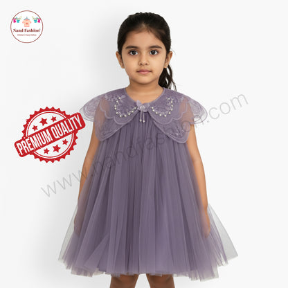 Pearl-Collar Net Party Wear Frock for Baby Girls – Available in Purple & White