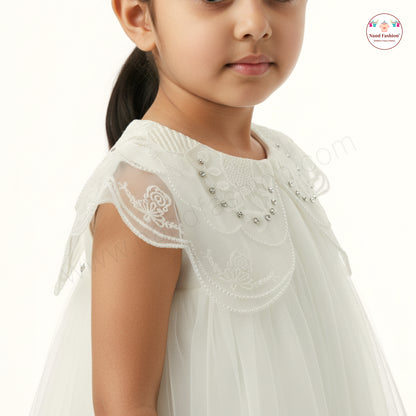 Pearl-Collar Net Party Wear Frock for Baby Girls – Available in Purple & White