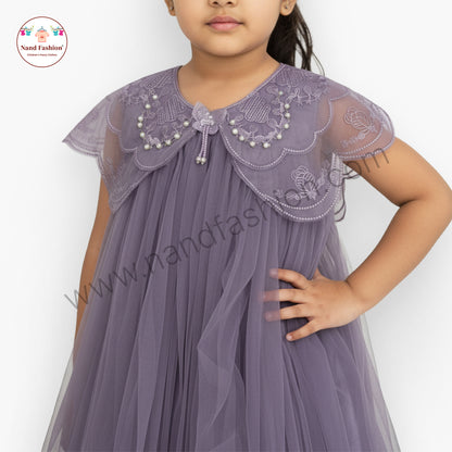 Pearl-Collar Net Party Wear Frock for Baby Girls – Available in Purple & White