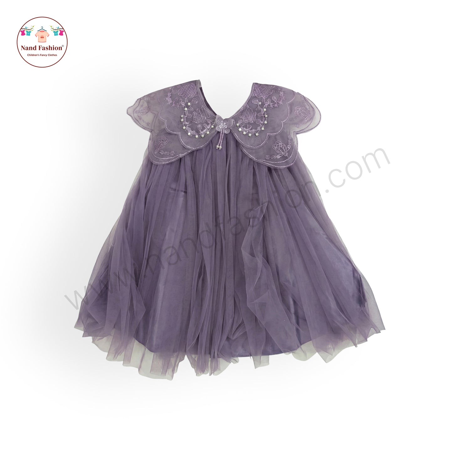 Pearl-Collar Net Party Wear Frock for Baby Girls – Available in Purple & White