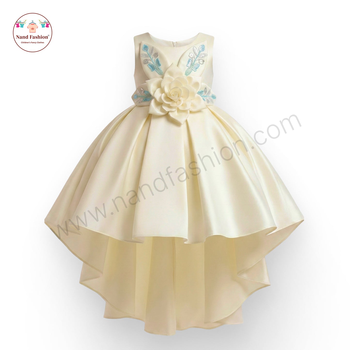 Elegant High-Low Cream Party Wear Frock for Baby Girls with 3D Flower & Embroidered Detailing