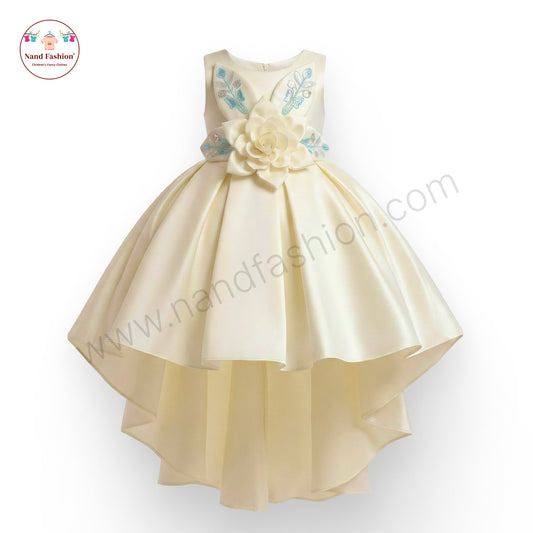 Elegant High-Low Cream Party Wear Frock for Baby Girls with 3D Flower & Embroidered Detailing