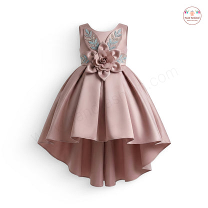 Premium High-Low Baby Girl Party Wear Frock with 3D Flower & Embroidered Design – Pink