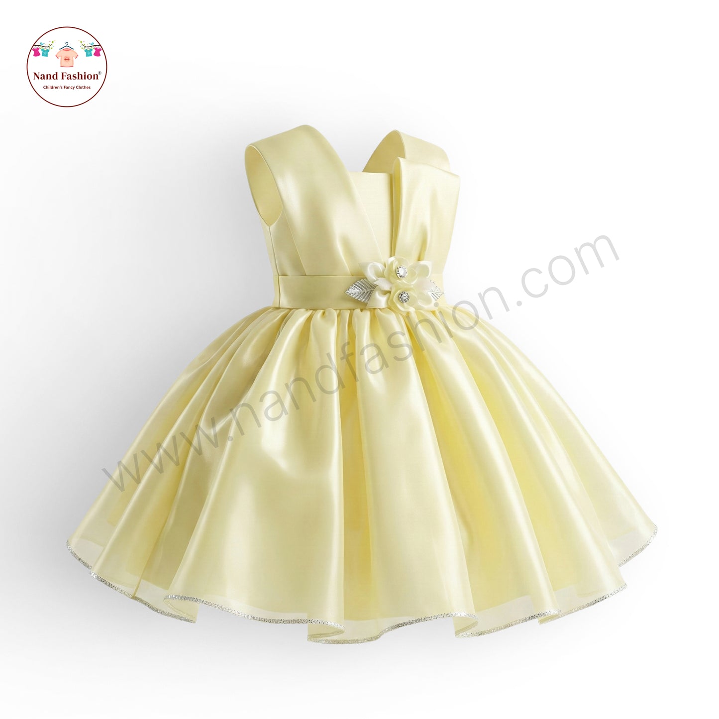 Elegant Satin Baby Girl Party Wear Frock with Floral Waist Design – Light Yellow
