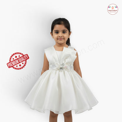 Premium White Satin Baby Girl Party Wear Frock with Floral Waist Belt