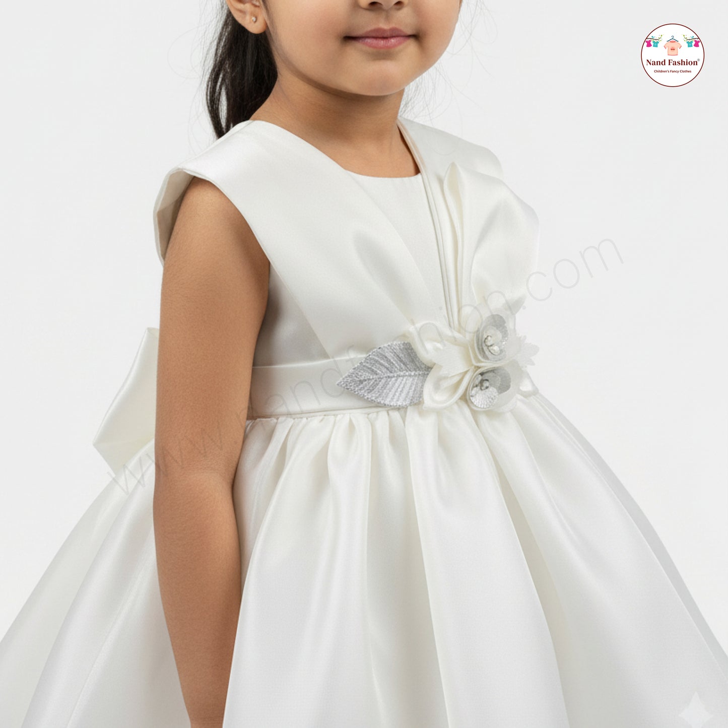 Premium White Satin Baby Girl Party Wear Frock with Floral Waist Belt