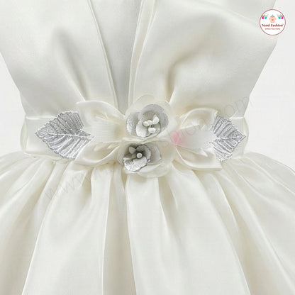 Premium White Satin Baby Girl Party Wear Frock with Floral Waist Belt