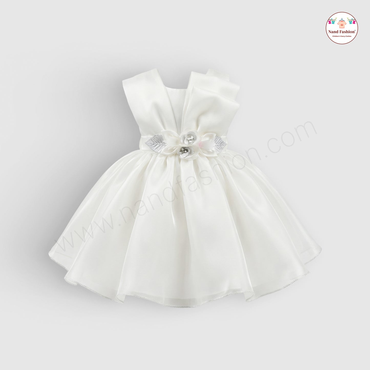 Premium White Satin Baby Girl Party Wear Frock with Floral Waist Belt