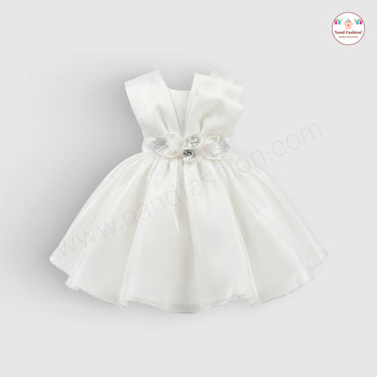 Premium White Satin Baby Girl Party Wear Frock with Floral Waist Belt