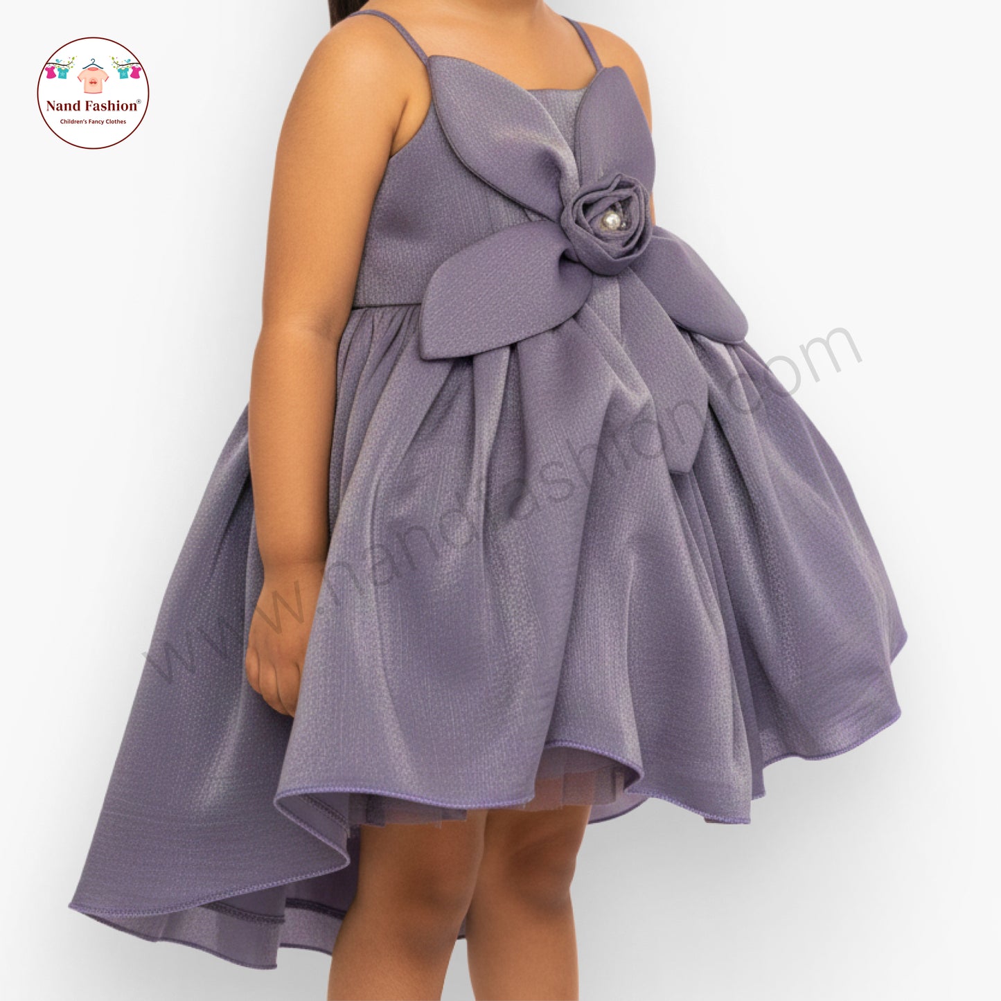 Elegant Lavender Flower Applique Party Wear Frock for Baby Girls with Layered Flare