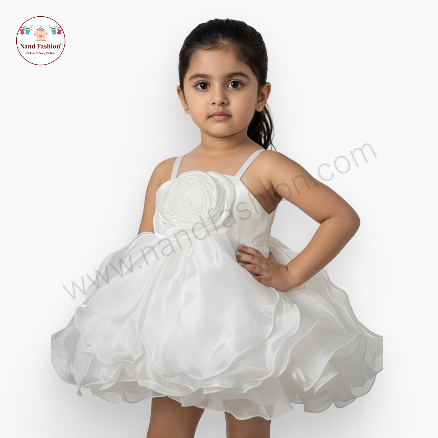 Snow White Rose Applique Party Wear Frock for Baby Girls with Puffy Layered Skirt