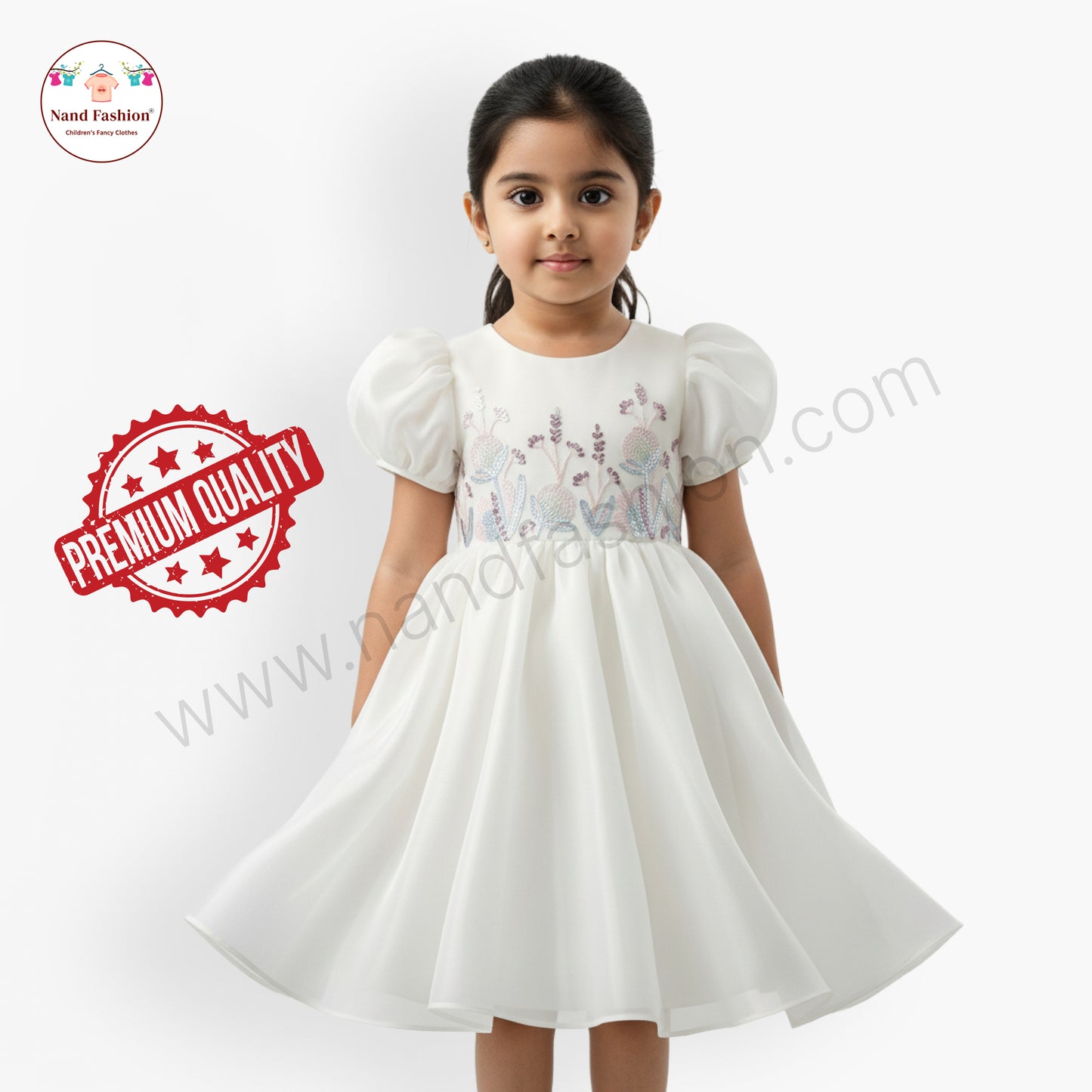 Elegant White Embroidered Puff Sleeve Party Wear Frock for Baby Girls