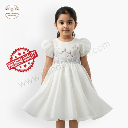 Elegant White Embroidered Puff Sleeve Party Wear Frock for Baby Girls