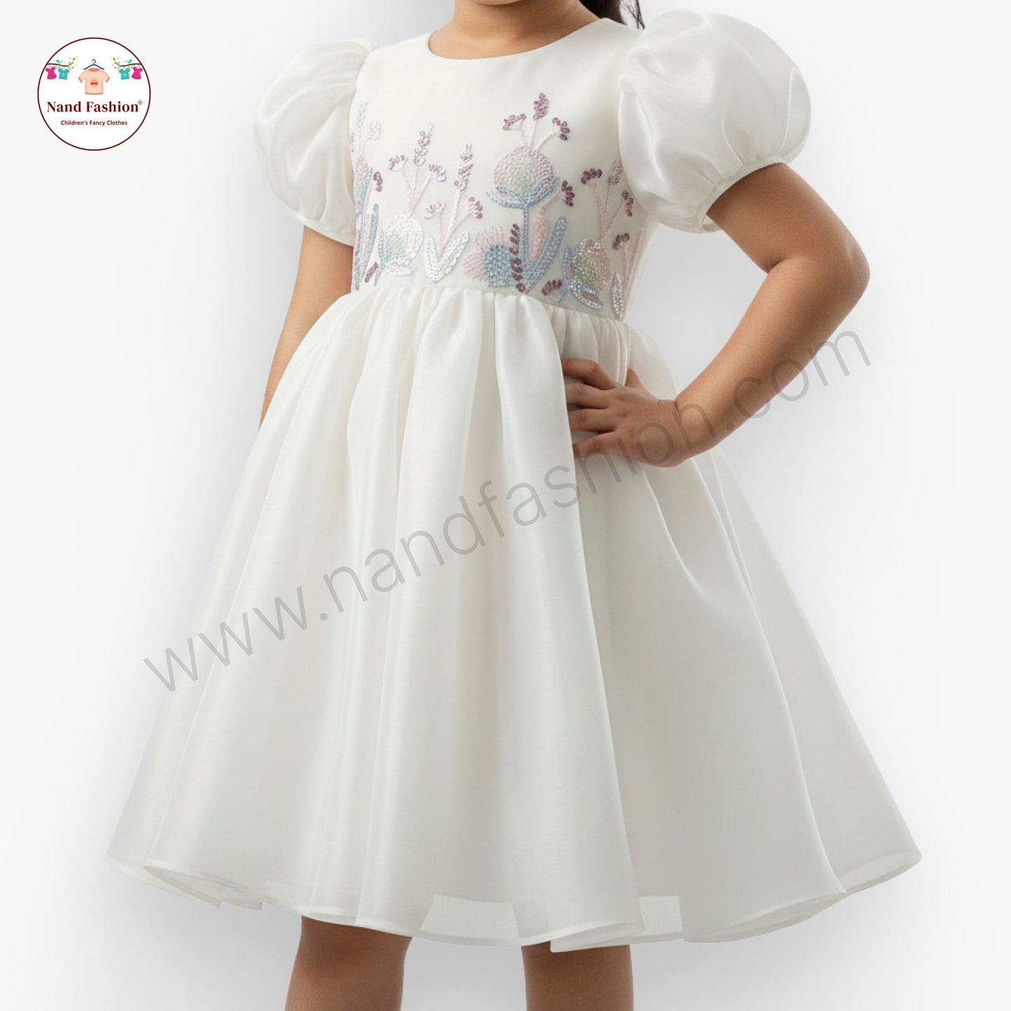 Elegant White Embroidered Puff Sleeve Party Wear Frock for Baby Girls